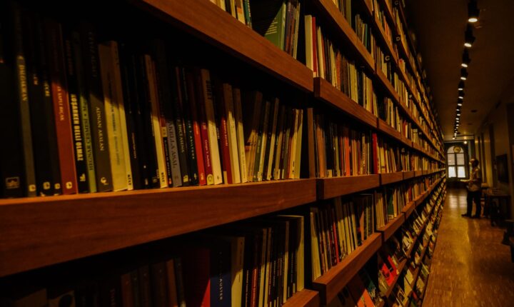 Dugi redovi polica sa knjigama u biblioteci.